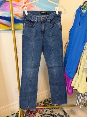 Express Medium/Dark Blue Split Hem Wide-Leg Jeans 8L